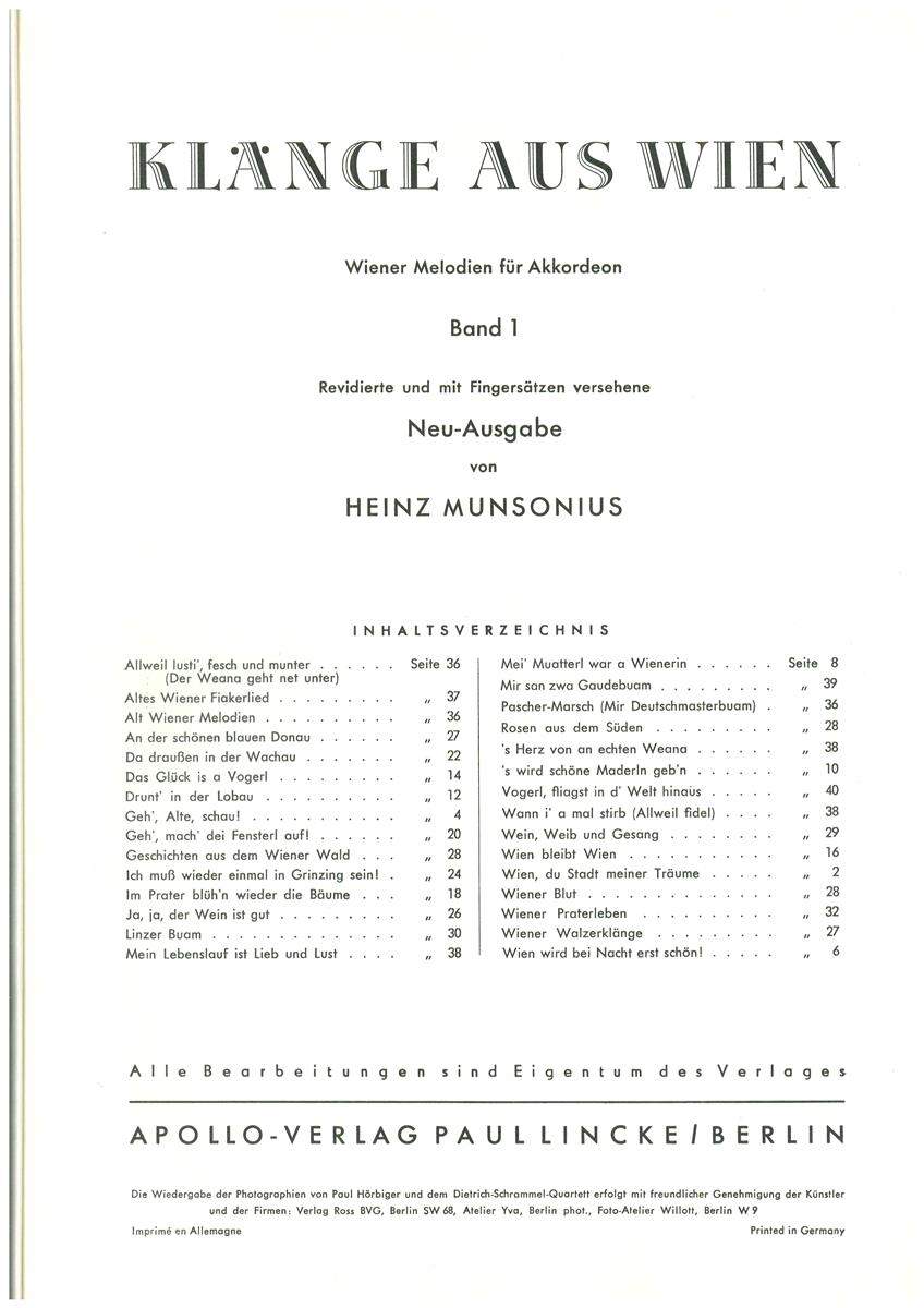 Klänge aus Wien, Akkordeon, Munsoniuns - Antiquariat Klänge aus Wien, Akkordeon, Munsoniuns - Antiquariat
