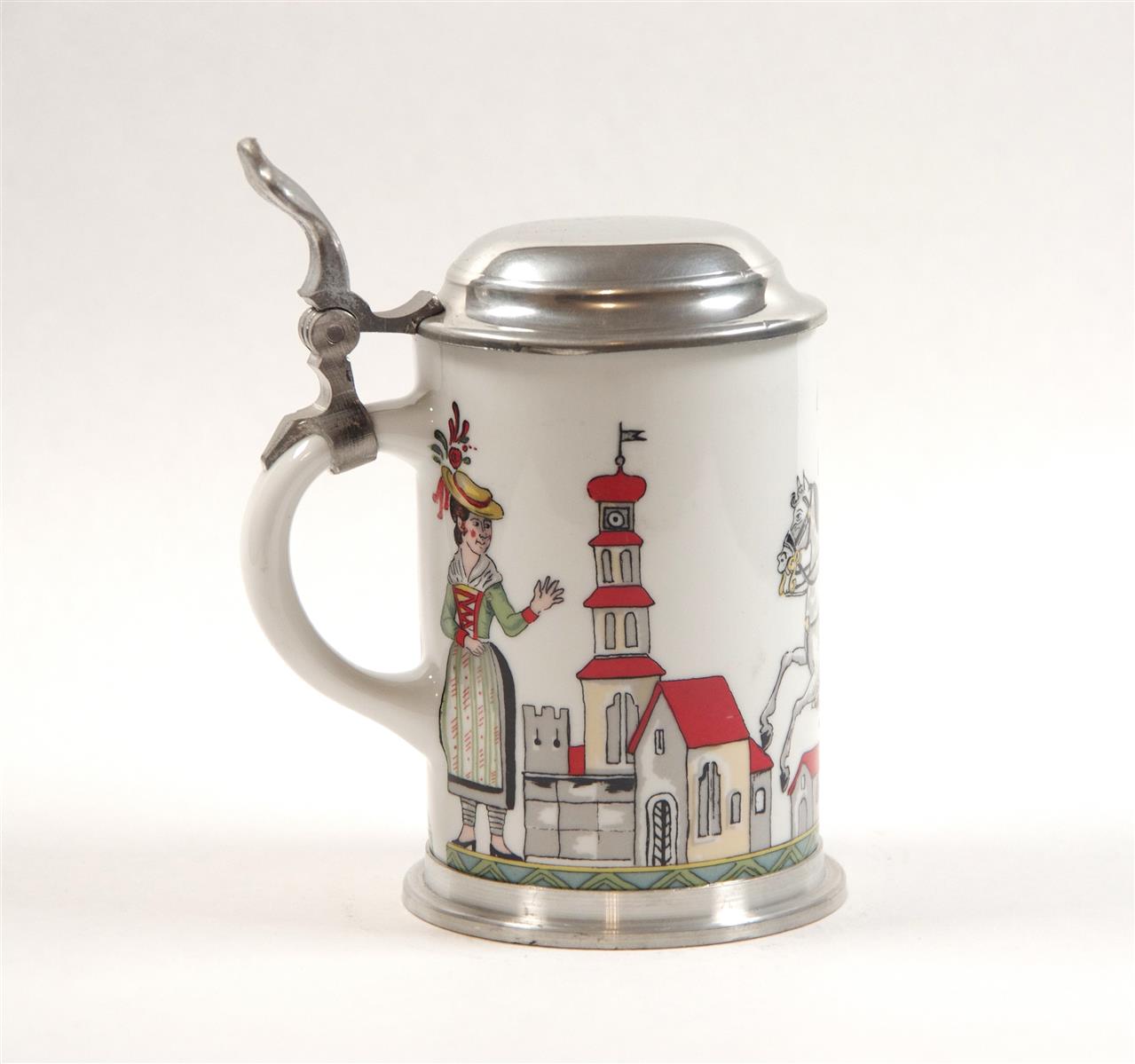 Bierkrug Dr. Merkle Post Porzellan Zinndeckel
